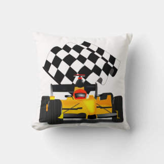 Yellow Race Car with Chequered Flag Cushion
