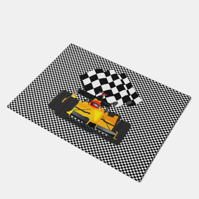 Yellow  Race Car with Chequered Flag Doormat (Angled)
