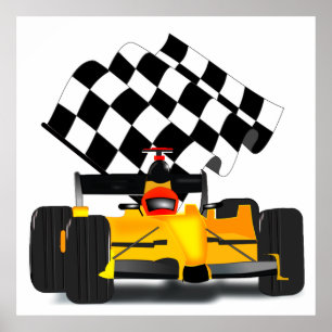 Yellow Race Car with Chequered Flag Poster