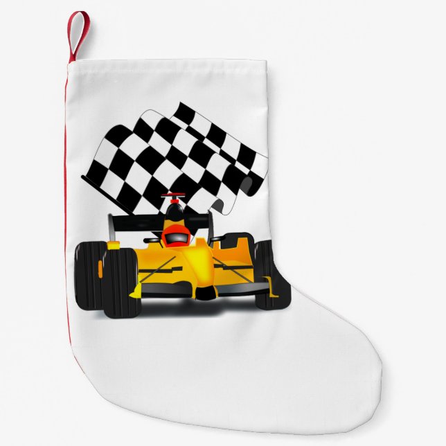 Yellow  Race Car with Chequered Flag Small Christmas Stocking (Front)