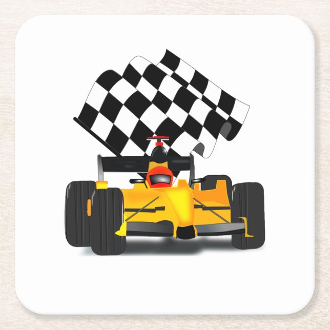 Yellow  Race Car with Chequered Flag Square Paper Coaster (Front)