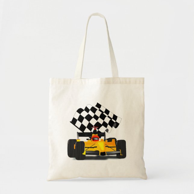 Yellow  Race Car with Chequered Flag Tote Bag (Front)