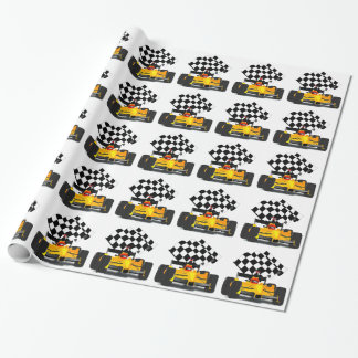 Yellow Race Car with Chequered Flag Wrapping Paper