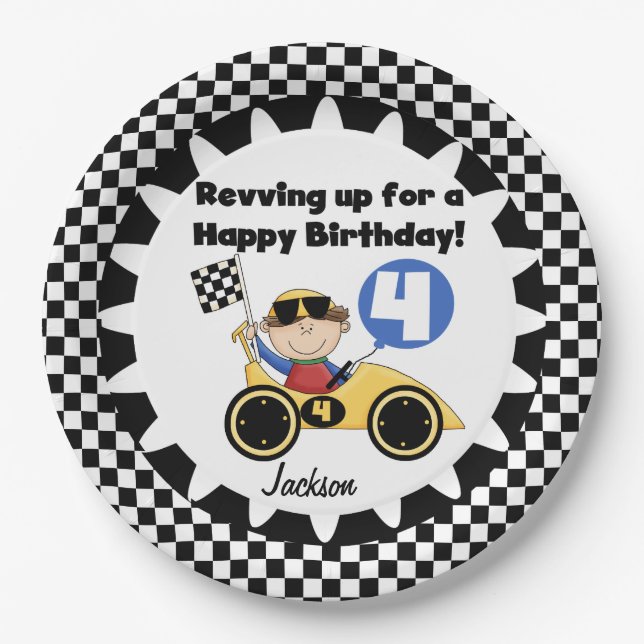 Yellow Racing Car 4th Birthday Paper Plates (Front)
