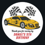 Yellow Racing Car for Kids Boys Birthday Party Classic Round Sticker<br><div class="desc">Cute party favours for kids,  boys or girls who love car racing. A colourful illustration of a sport race car. Perfect for kids birthday party,  party favours and thank you label.</div>