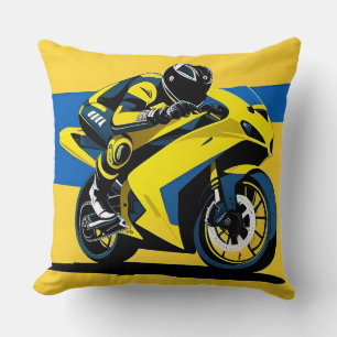 Yellow Racing Motorcycle and Rider Illustration Cushion