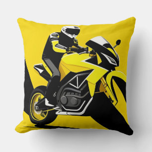 Yellow Racing Motorcycle and Rider Illustration Cushion