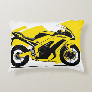 Yellow Racing Motorcycle and Rider Illustration Decorative Cushion