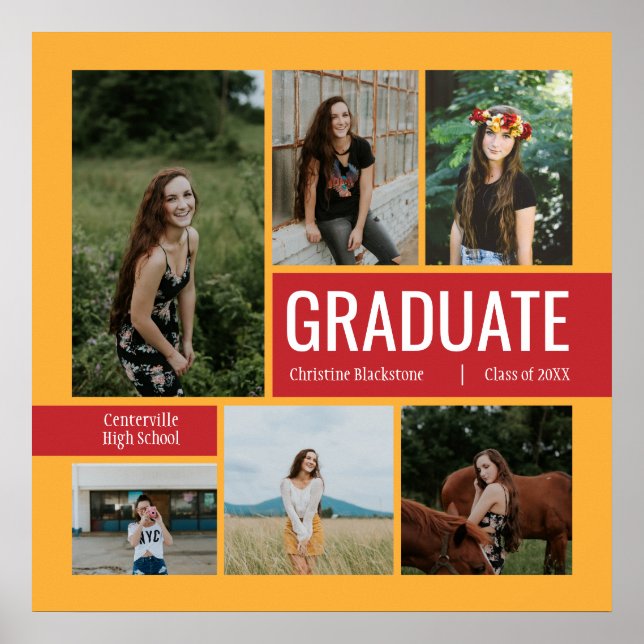 Yellow & Red 6 Photo Graduation Poster (Front)