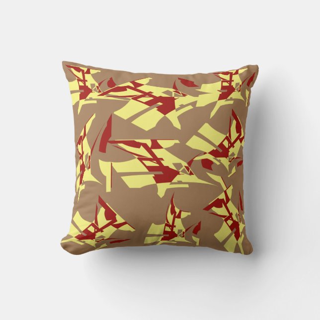Yellow Red Abstract Floral Modern Art Print on Tan Cushion (Front)
