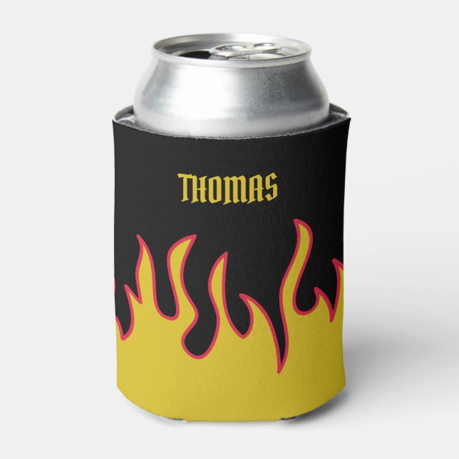 Yellow, Red and Black Flames Personalised Can Cooler (Can Front)