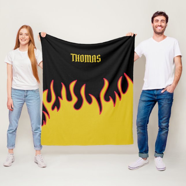 Yellow, Red and Black Flames Personalised Fleece Blanket (In Situ)