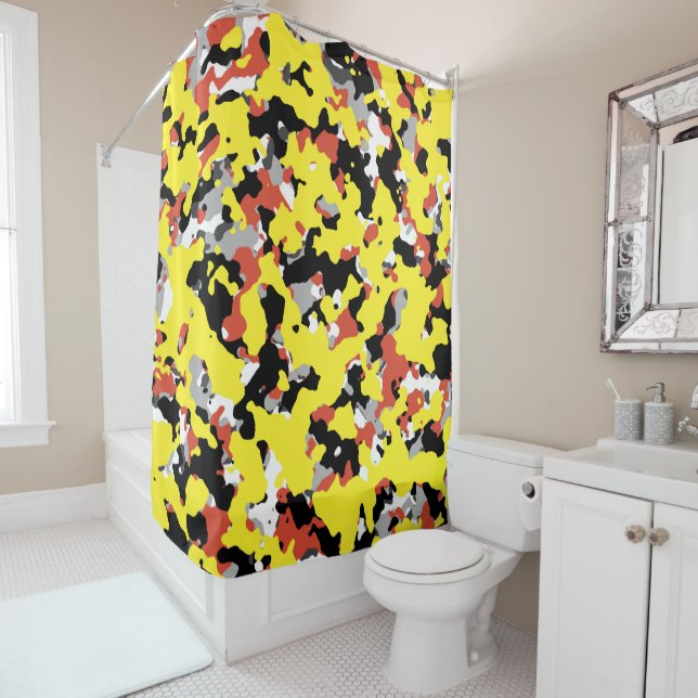 Yellow Red Black Grey Camouflage Camo Pattern Shower Curtain (In Situ)
