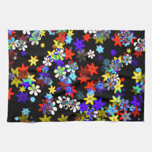 Yellow, Red, Blue, Cream, Violet Flowers On Black Tea Towel
