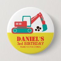 Yellow Red Cartoon Excavator Kids Birthday Button