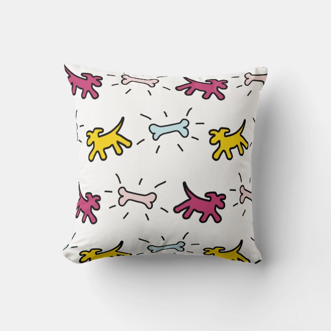 Yellow red Dogs Blue Bones Graffiti Style Pillow (Front)
