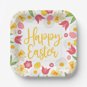 Yellow Red Floral Spring Easter Paper Plate