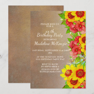 Yellow Red Flowers Brown Birthday Party Invitation