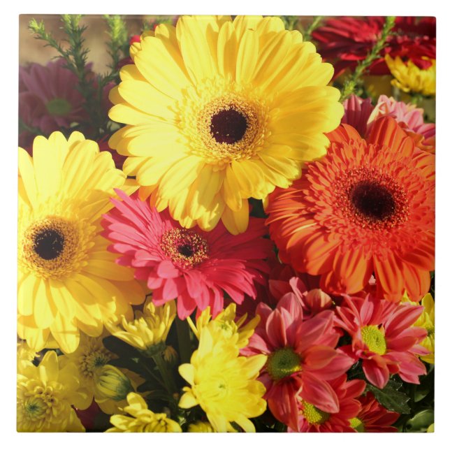 Yellow Red Gerbera Chrysanthemum Flowers Tile (Front)