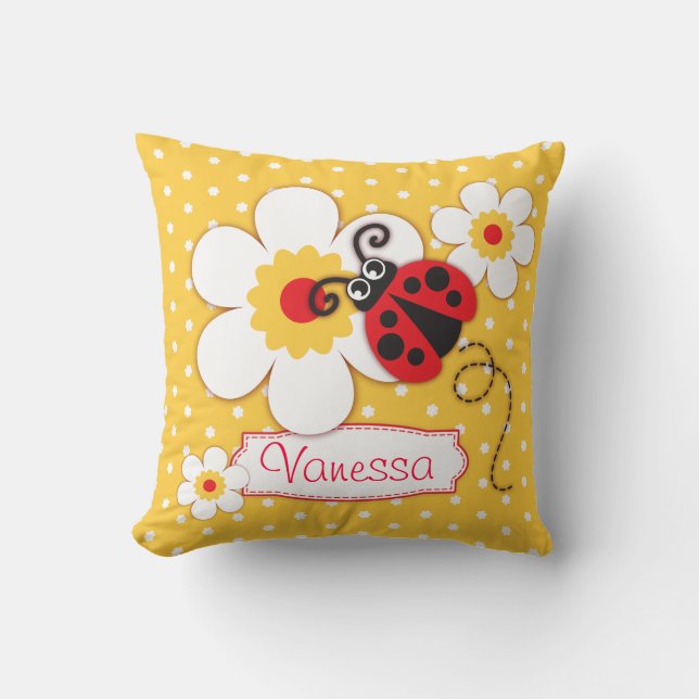 Yellow & red girls ladybug name polka dot pillow (Front)
