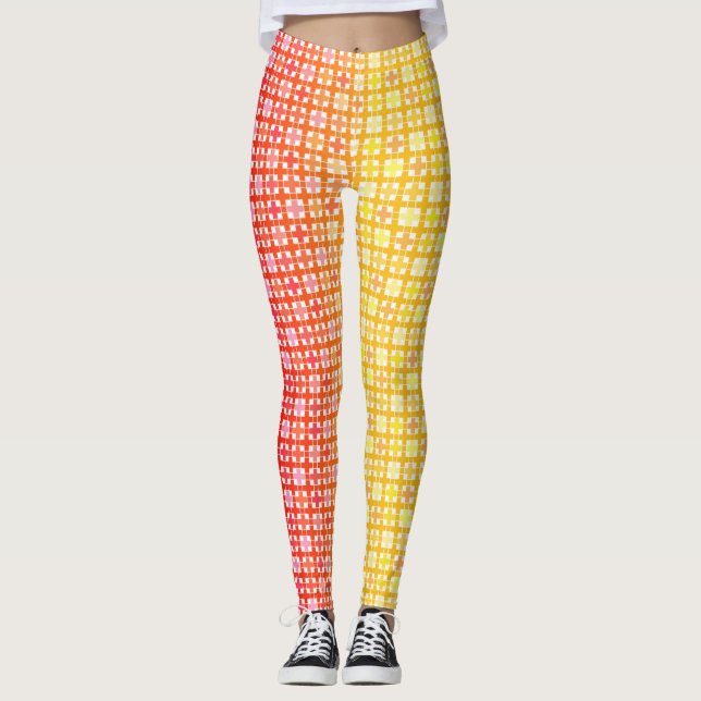 Yellow Red gradient plaid pattern Leggings (Front)
