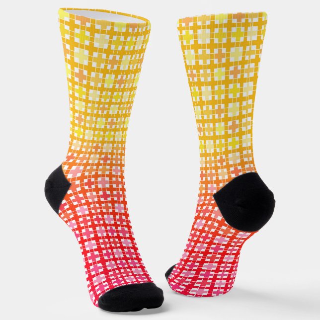 Yellow Red gradient plaid pattern  Socks (Angled)