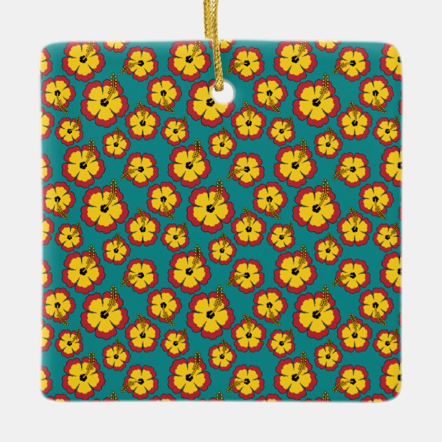  Yellow Red Hibiscus Tropical Flowers Pattern Ceramic Ornament (Front)