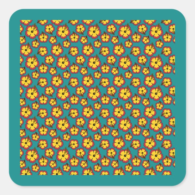 Yellow Red Hibiscus Tropical Flowers Pattern Square Sticker (Front)