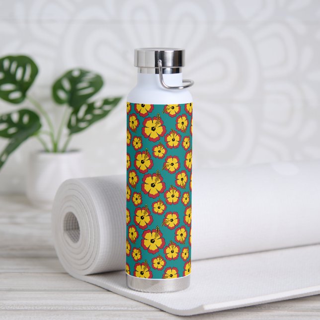 Yellow Red Hibiscus Tropical Flowers Pattern Water Bottle (Yoga)