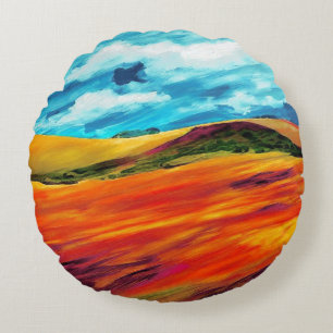 Yellow Red Hills Round Cushion