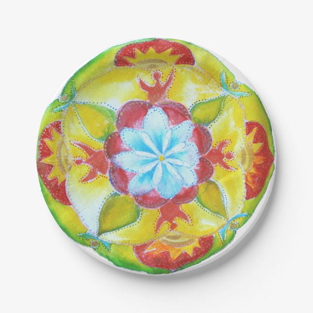 Yellow  Red Mandala Watercolor  Paper Plates 7 in (Front)