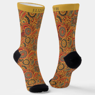 Yellow red Orange Green Aztec Paisley Pattern Socks