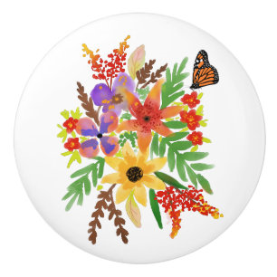 Yellow Red Purple Watercolor Flowers Butterfly Ceramic Knob