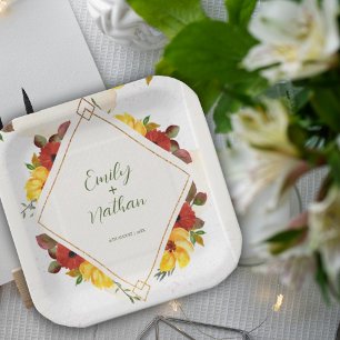 Yellow Red Rustic Pretty Watercolor Floral Wedding Paper Plate