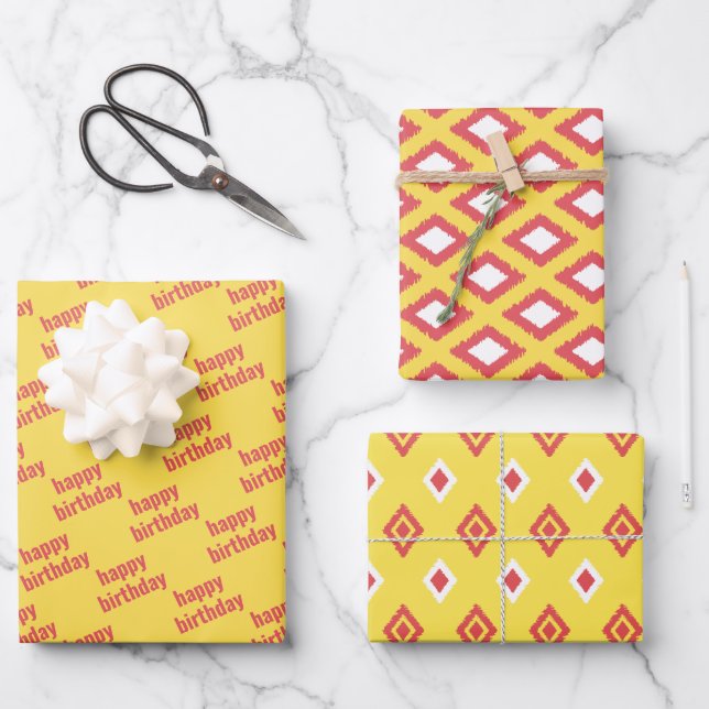 Yellow & Red Tribal Diamond Ikat Pattern Birthday Wrapping Paper Sheet (Front)