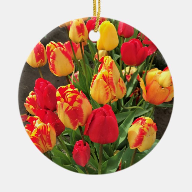 Yellow & Red Tulips Ceramic Tree Decoration (Front)