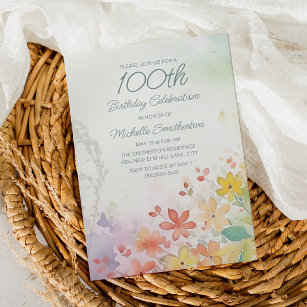 Yellow Red Watercolor Spring Floral 100th Birthday Invitation