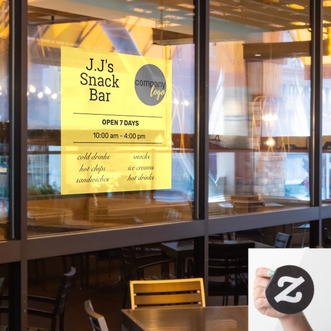 YELLOW RETAIL FOOD SHOP CAFE SNACK BAR HOURS LOGO (Restaurant Window)