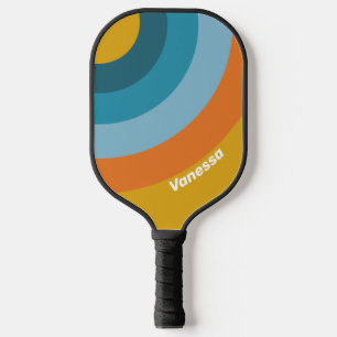 Yellow Retro Circle Stripe with Name Pickleball Paddle