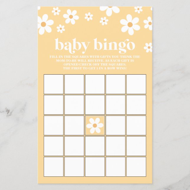 Yellow Retro Daisy Baby Shower Bingo Flyer (Front)