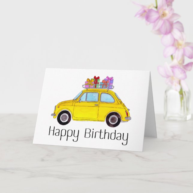 Yellow Retro Fiat 500 Birthday Card (Orchid)