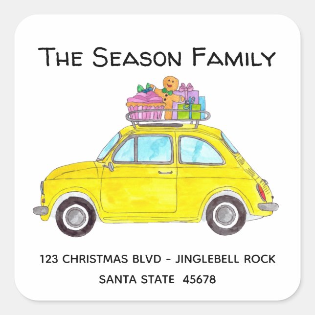 Yellow Retro Fiat 500 with Christmas gifts Square Sticker (Front)