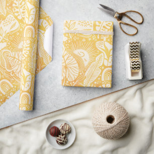Yellow Retro Floral Mushroom Sun & Leaves Wrapping Paper