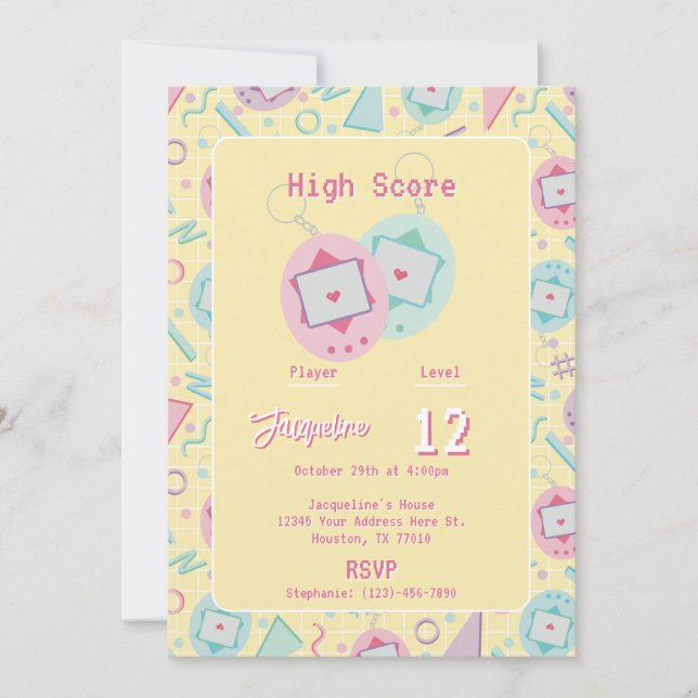 Yellow Retro Gaming Virtual Pet Birthday Invitation (Front)