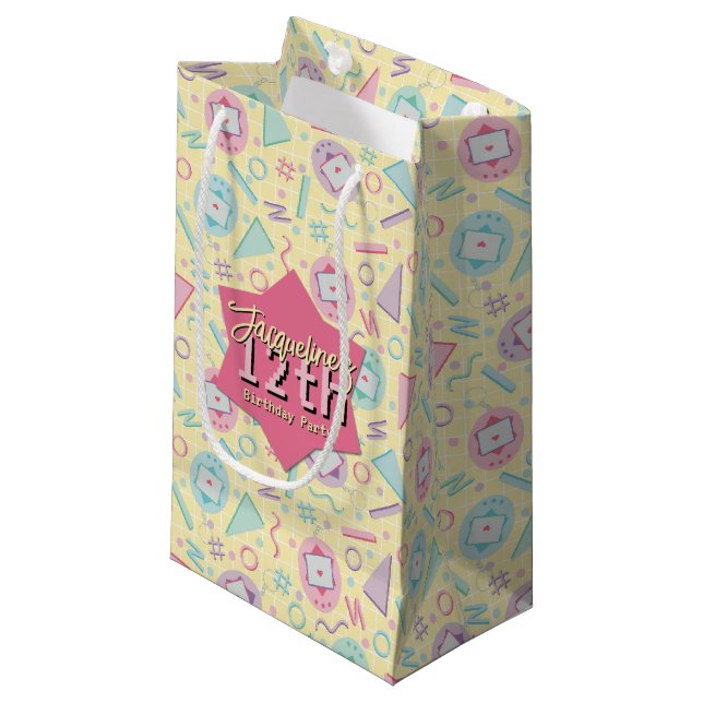 Yellow Retro Gaming Virtual Pet Birthday Small Gift Bag (Front Angled)