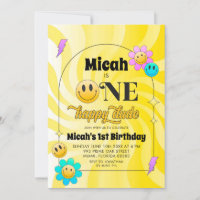 Yellow Retro One Happy Dude Birthday Invitation