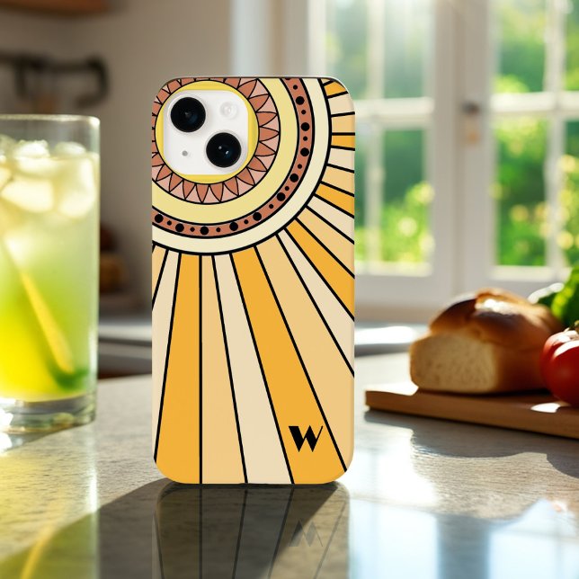 Yellow Retro sun rays Custom monogram letter Case-Mate iPhone Case (Creator Uploaded)