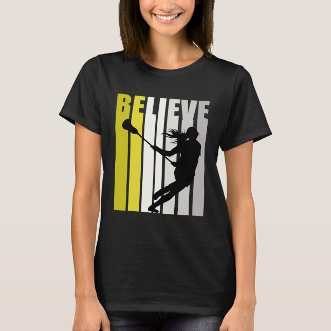 Yellow Retro Womens Believe Lacrosse Motivational  T-Shirt (Front)