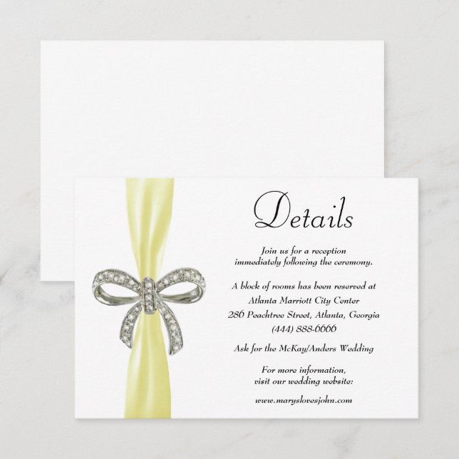 Yellow Ribbon Diamond Bow Wedding Details Enclosure Card (Front/Back)