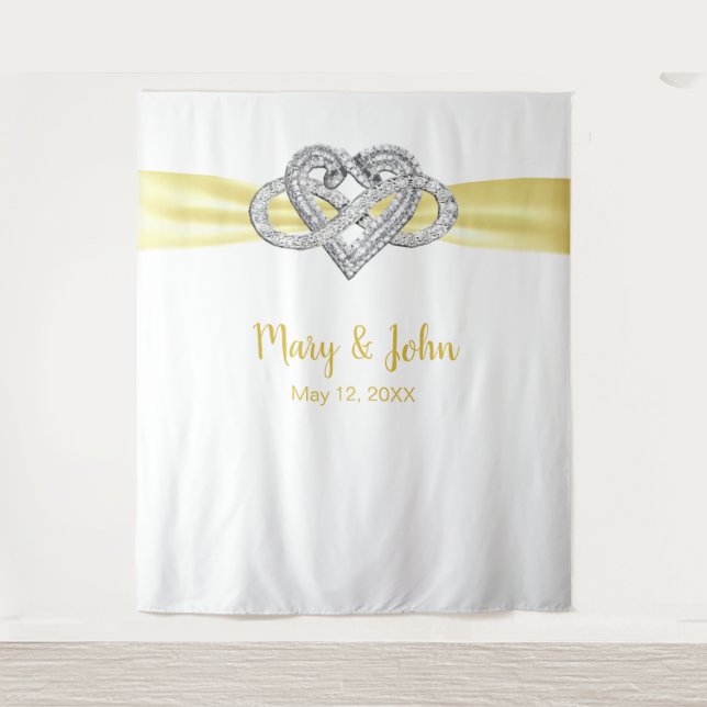 Yellow Ribbon Infinity Heart Wedding Backdrop Tapestry (Front)